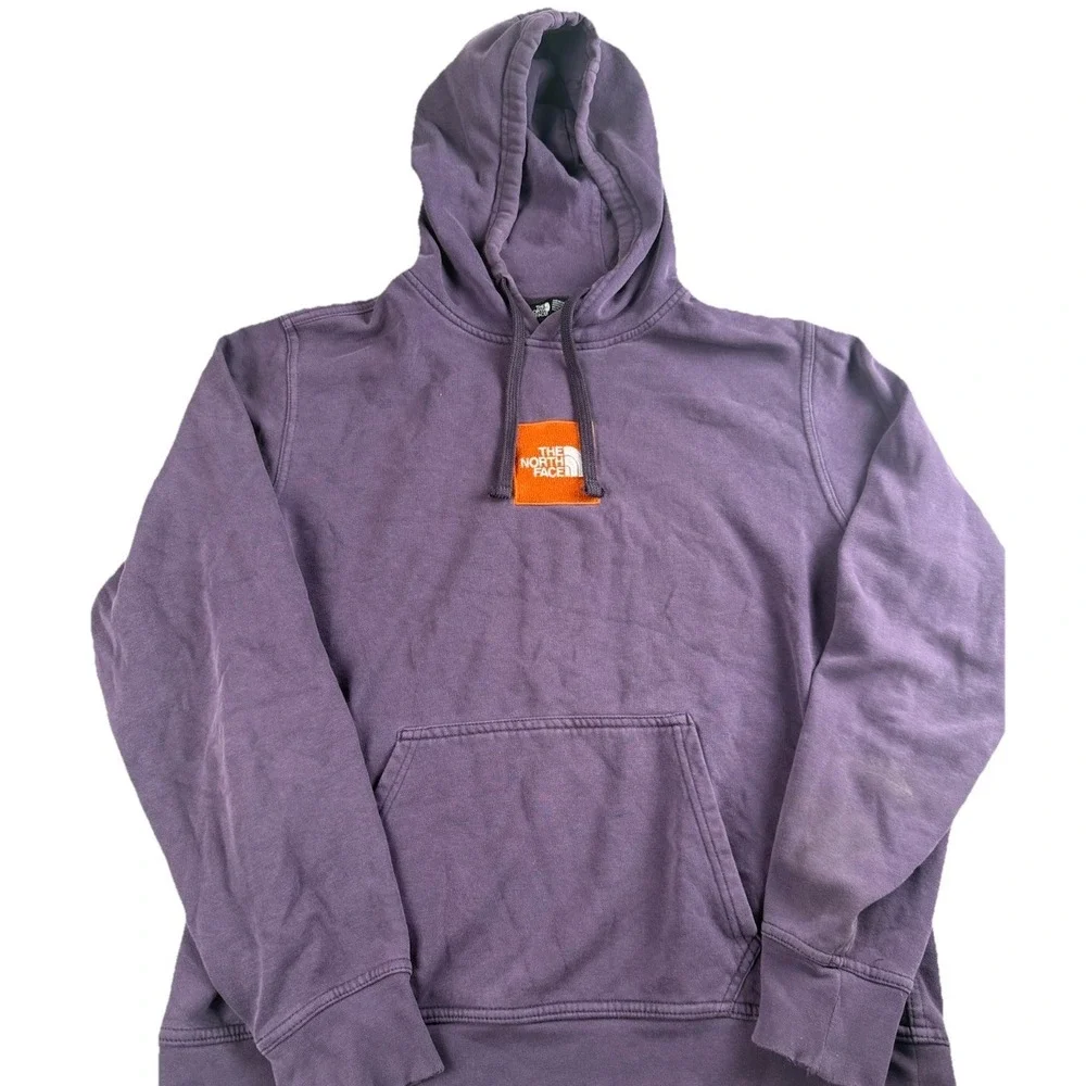 The North Face Hoodie Men's M Purple Box Logo Pullover Sweatshirt Distressed